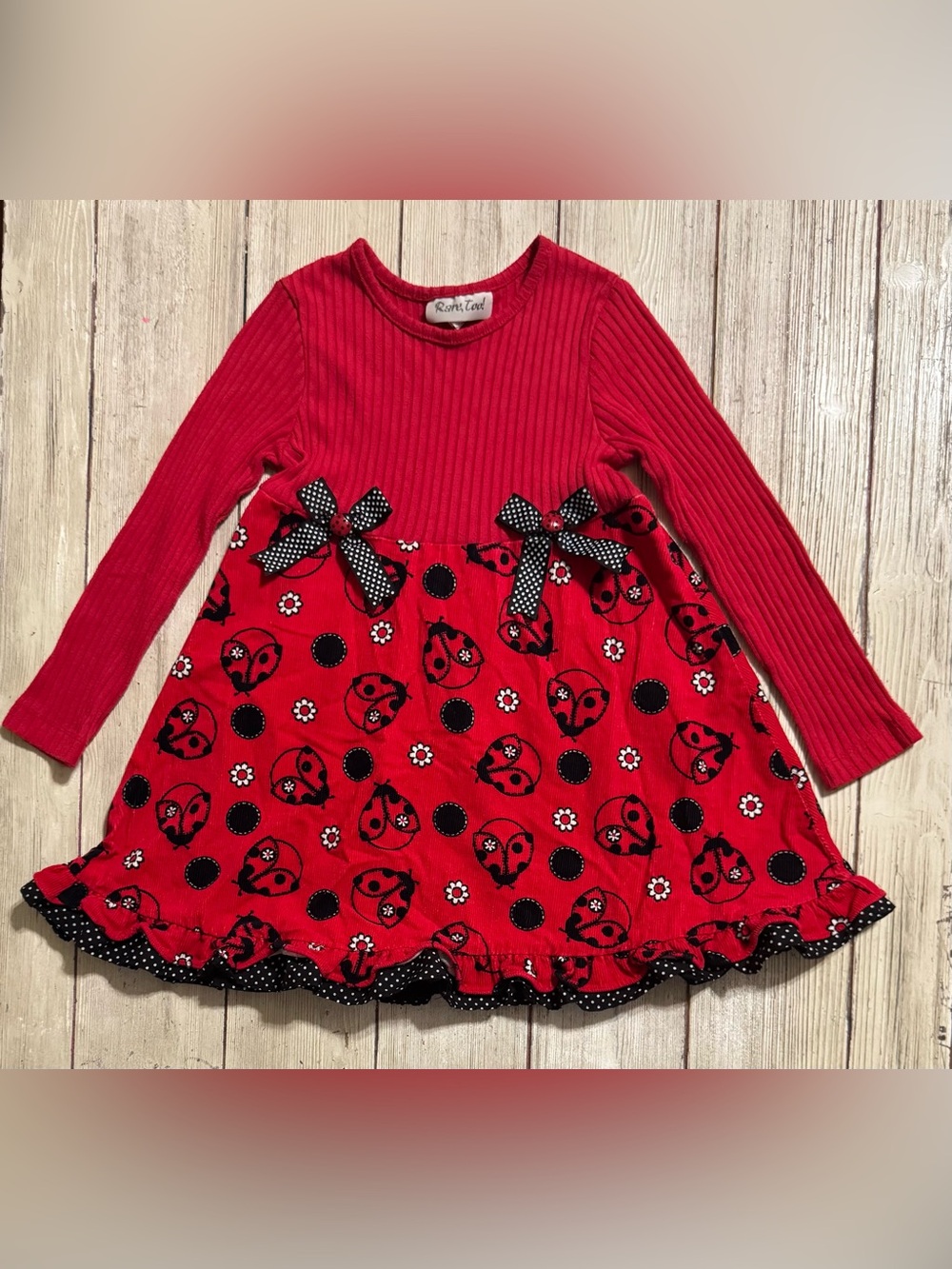 Y2K Vintage Rare too! Ladybug dress Girls size 6 black red long sleeve